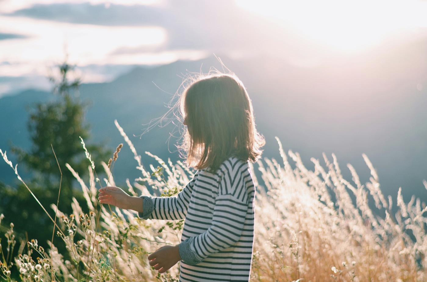 A child running through tall grass at sunset